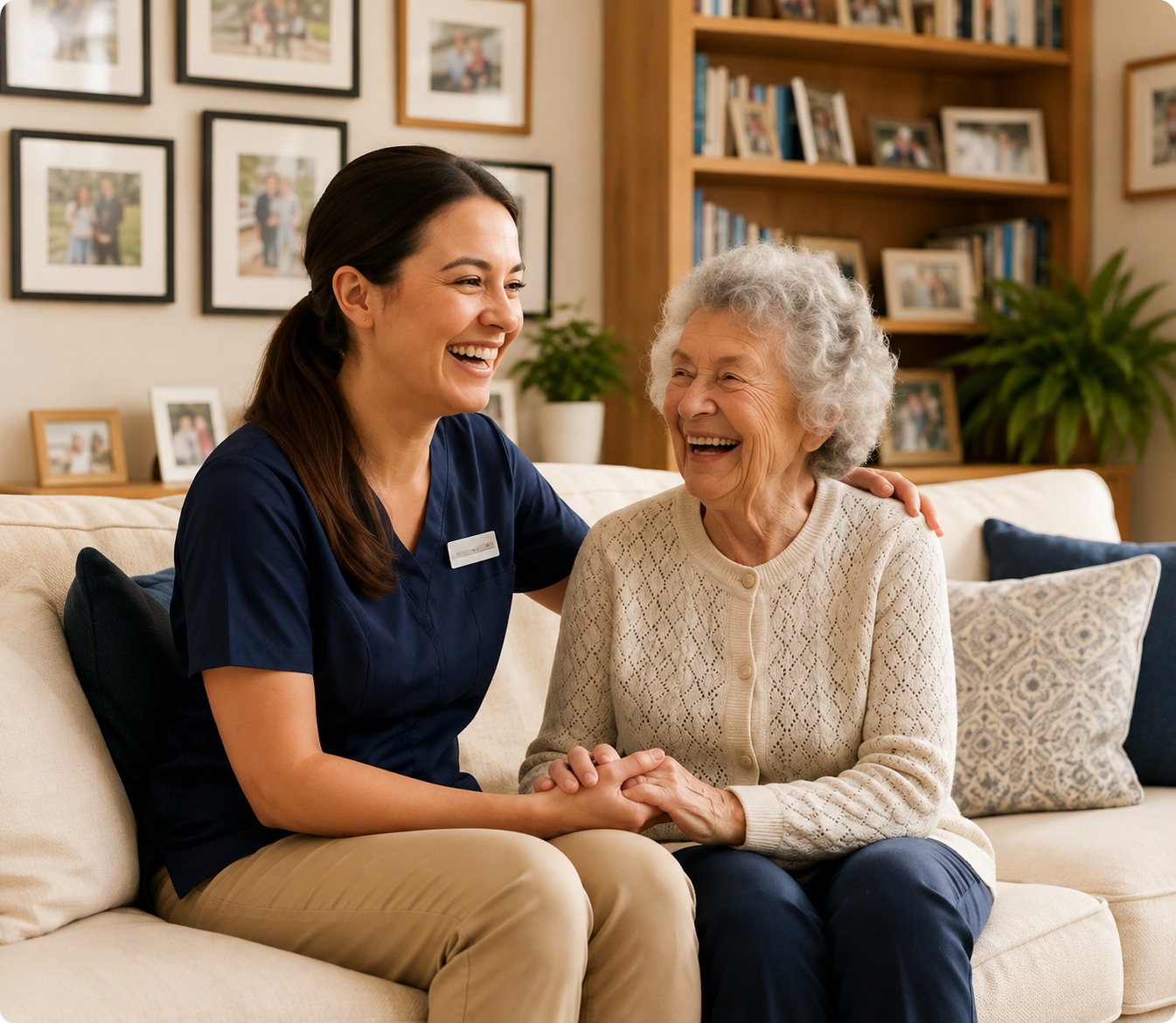A caregiver laughing warmly with an elderly woman on a sofa surrounded by family photos