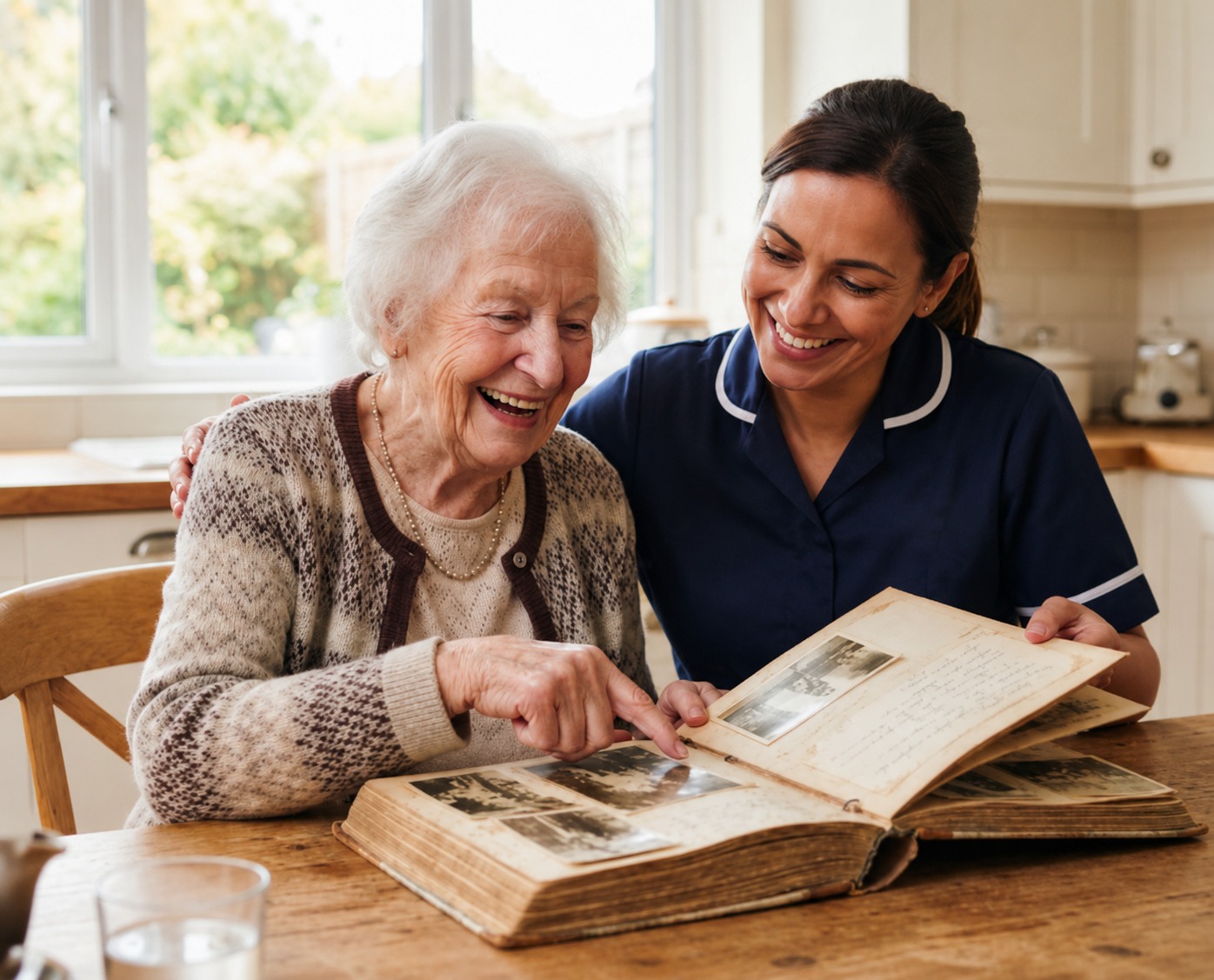 A caregiver and an elderly woman looking through a vintage photo album in a bright kitchen